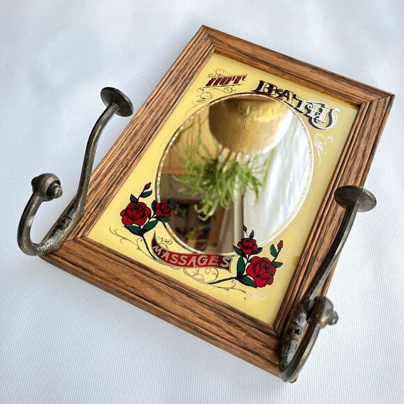 Vintage 1991 Hensley Wood-Framed Barbershop Mirror w/ Hooks, Rose Design - Picture 11 of 11